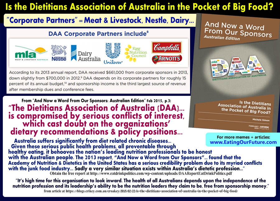 Why Australian Dietitians Association of Australia DAA Organisation Problems Corporate Partners Sponsors Conflict Interest Corruption Corrupted Promotes Junk Food Meat Dairy Egg Industry Animal Agriculture Ag Donations Funding Money Dodgy Bad Unhealthy Health Foods Food Unreliable Advice Scam