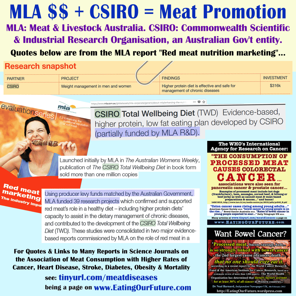 Why does CSIRO Promote Eating Meat Livestock Australia MLA Consumption Bad Wrong Dietary Advice Associated with Cause More Higher Risks of Diseases Illness Cancer Heart Disease Stroke Diabetes Obesity Mortality Death Rates Money Corruption